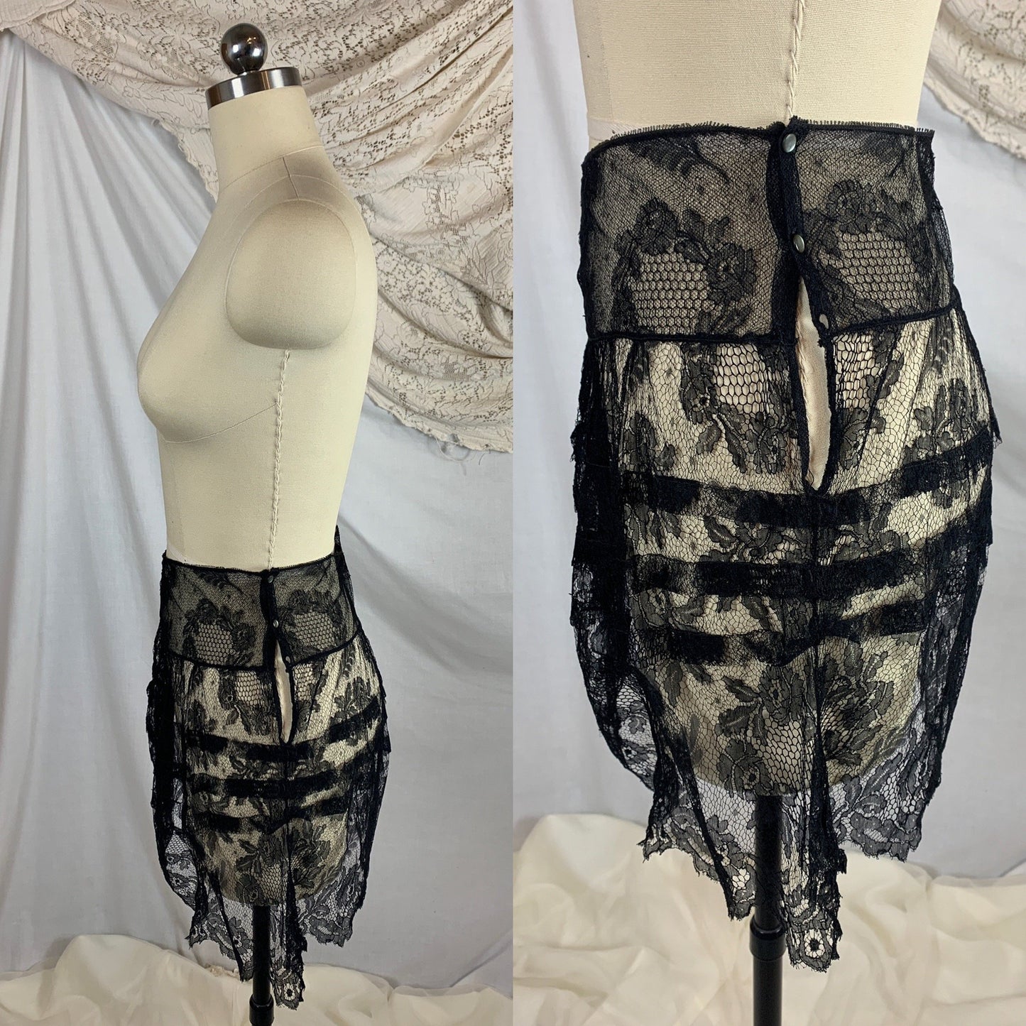 Vintage 1920's Lingerie Tap Skirt | Black Chantilly Eyelash Lace with Pink Silk Rosette Wreath | Size LG - Daggers & Dames