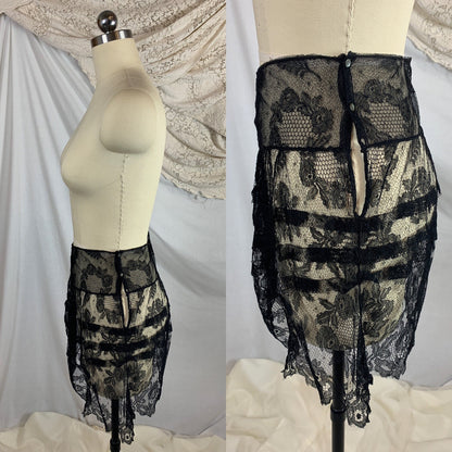 Vintage 1920's Lingerie Tap Skirt | Black Chantilly Eyelash Lace with Pink Silk Rosette Wreath | Size LG - Daggers & Dames