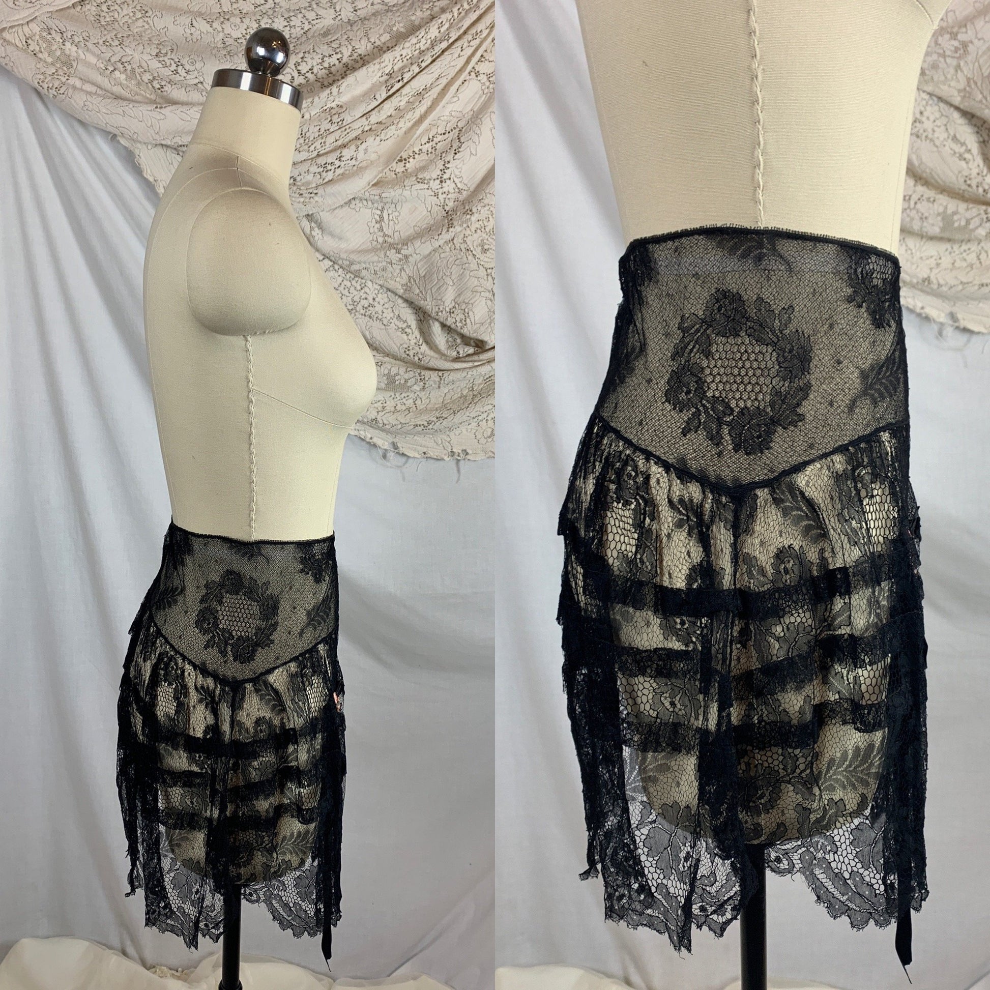 Vintage 1920's Lingerie Tap Skirt | Black Chantilly Eyelash Lace with Pink Silk Rosette Wreath | Size LG - Daggers & Dames