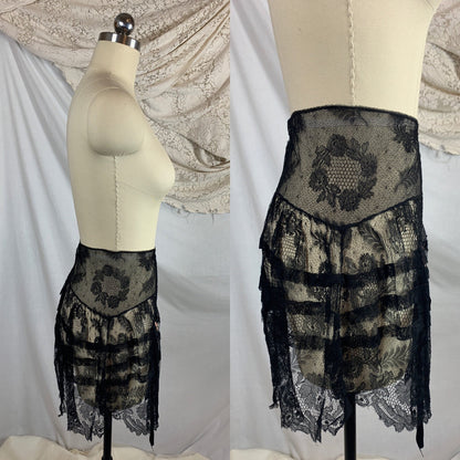 Vintage 1920's Lingerie Tap Skirt | Black Chantilly Eyelash Lace with Pink Silk Rosette Wreath | Size LG - Daggers & Dames