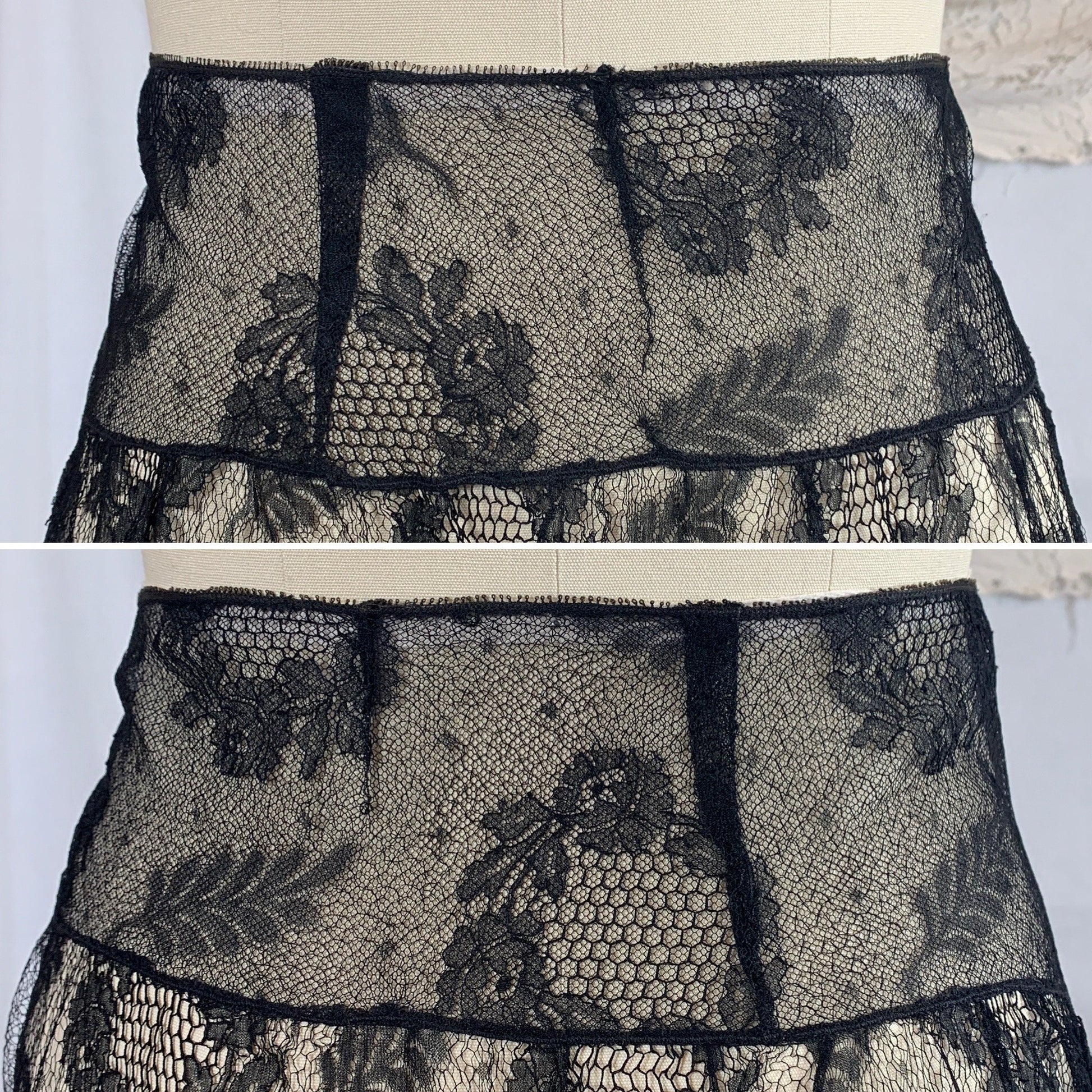 Vintage 1920's Lingerie Tap Skirt | Black Chantilly Eyelash Lace with Pink Silk Rosette Wreath | Size LG - Daggers & Dames