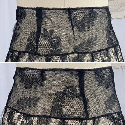 Vintage 1920's Lingerie Tap Skirt | Black Chantilly Eyelash Lace with Pink Silk Rosette Wreath | Size LG - Daggers & Dames