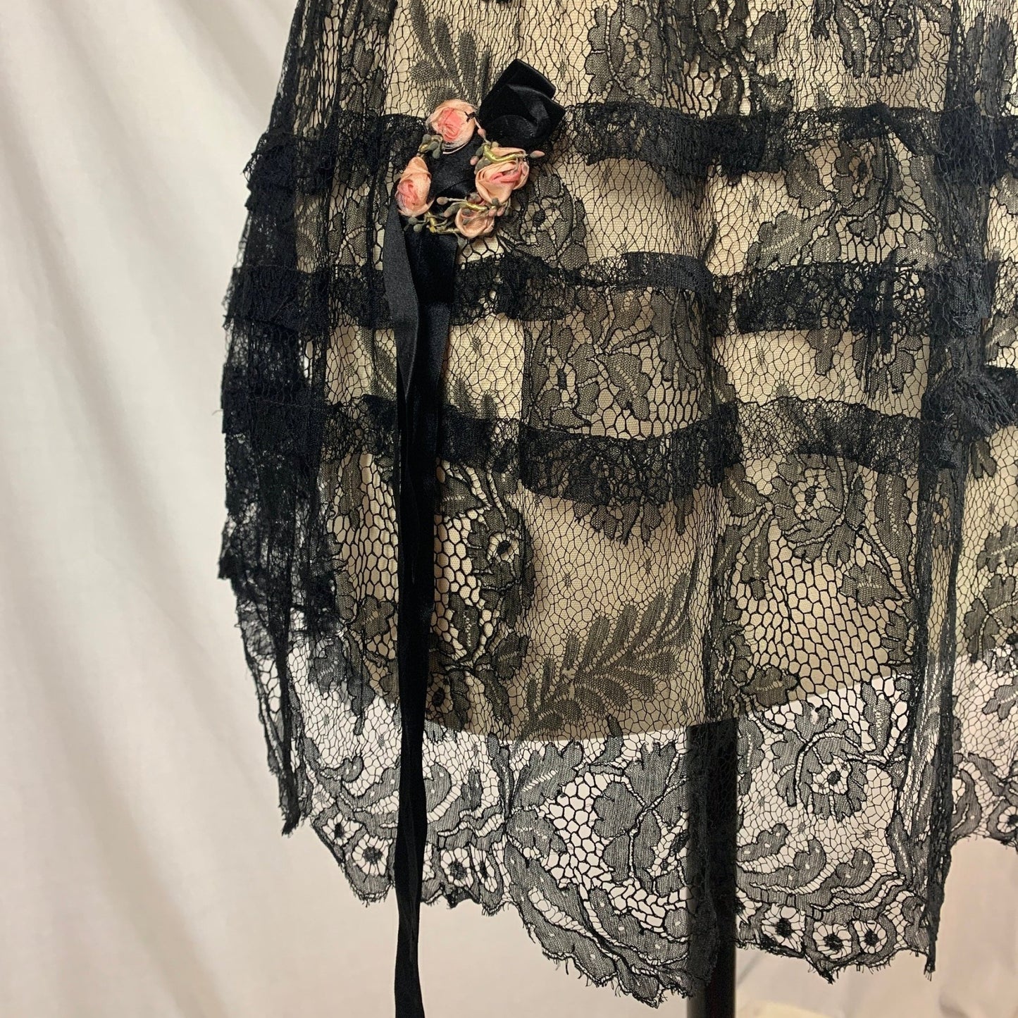 Vintage 1920's Lingerie Tap Skirt | Black Chantilly Eyelash Lace with Pink Silk Rosette Wreath | Size LG - Daggers & Dames