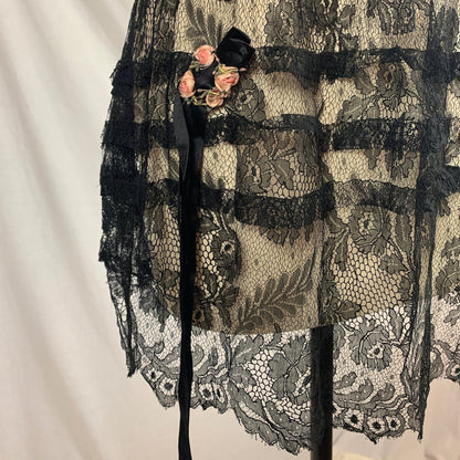 Vintage 1920's Lingerie Tap Skirt | Black Chantilly Eyelash Lace with Pink Silk Rosette Wreath | Size LG - Daggers & Dames