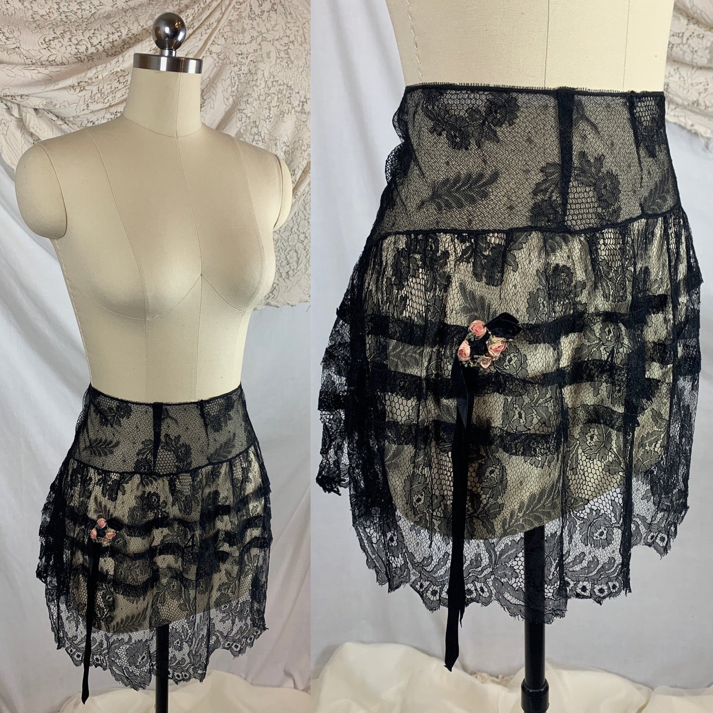 Vintage 1920's Lingerie Tap Skirt | Black Chantilly Eyelash Lace with Pink Silk Rosette Wreath | Size LG - Daggers & Dames