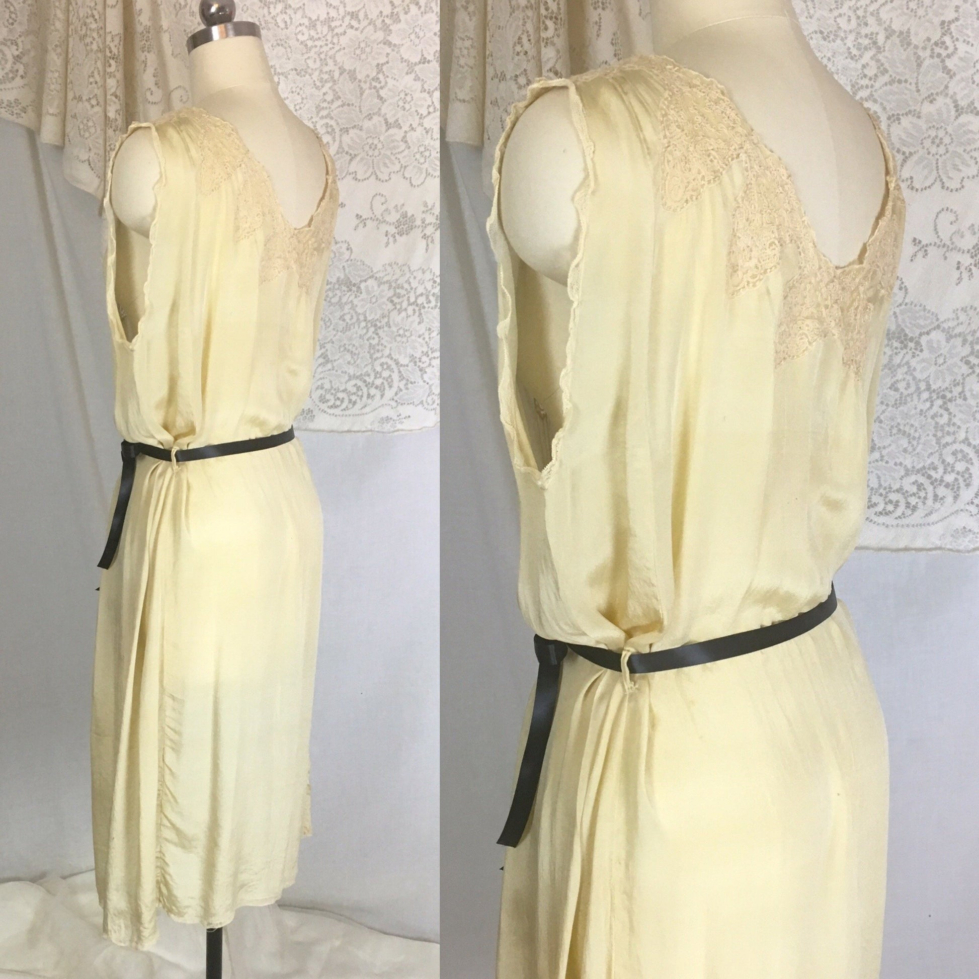 Vintage 1920's Nightgown | Gold Tissue Silk with Tambour Lace & Black Ribbon Tie | Size Free - Daggers & Dames
