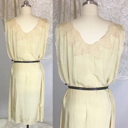 Vintage 1920's Nightgown | Gold Tissue Silk with Tambour Lace & Black Ribbon Tie | Size Free - Daggers & Dames