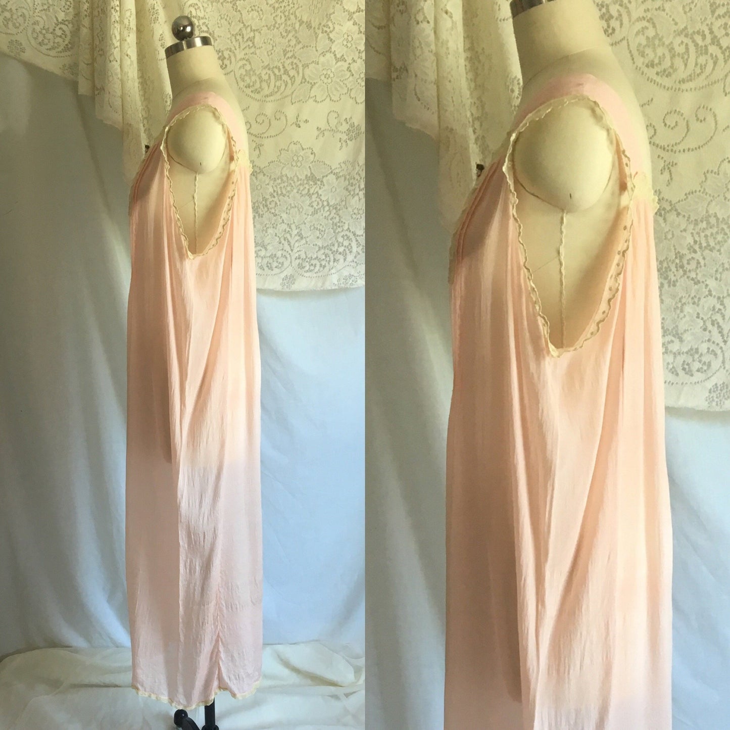 Vintage 1920's Nightgown | Pale Pink Tissue Silk with Ivory Eyelet Lace | Flapper Lingerie | Boho Dress | Free Size - Daggers & Dames