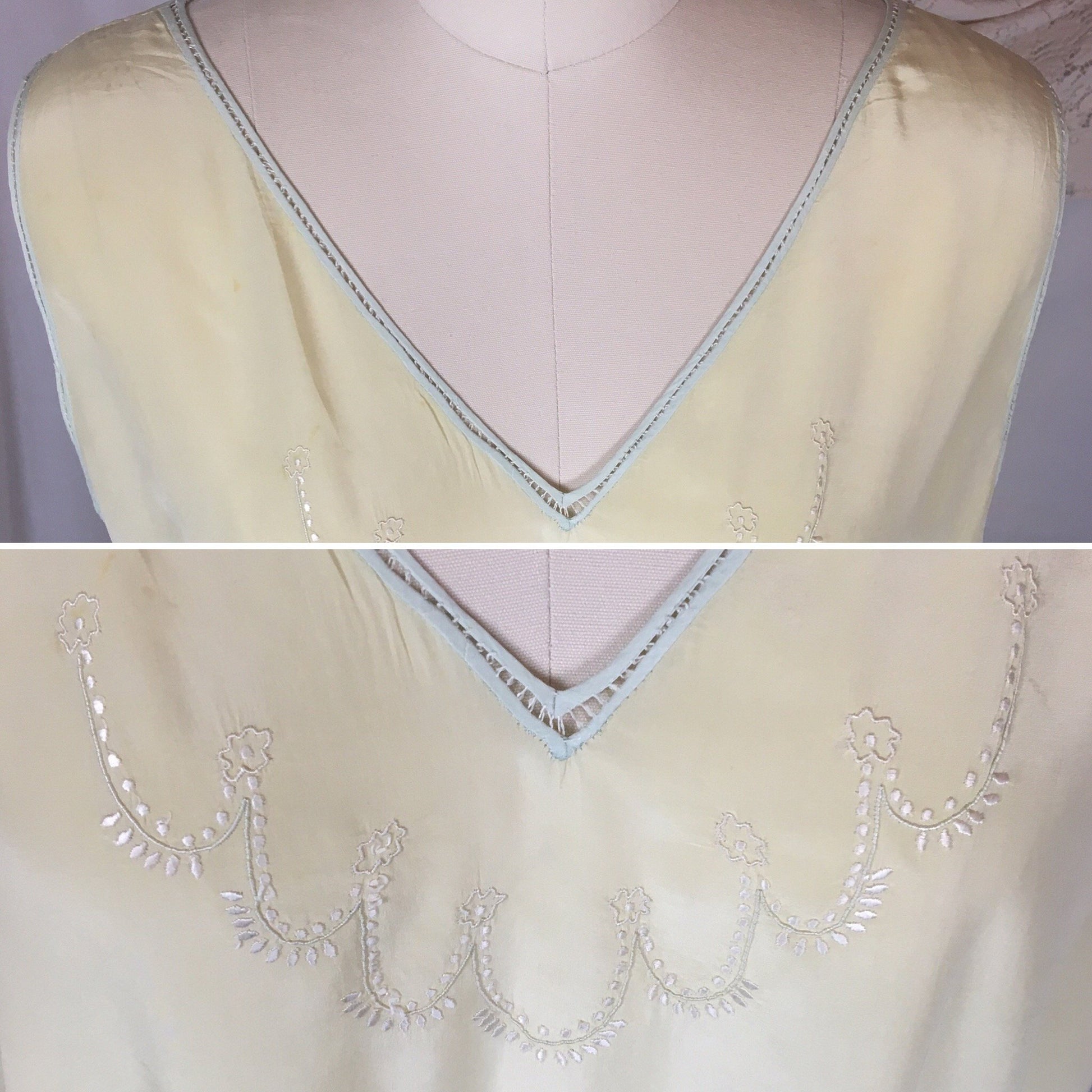 Vintage 1920's Nightgown | Pastel Yellow & Mint Green Silk Crepe de Chine with Floral Embroidery | Size Free - Daggers & Dames
