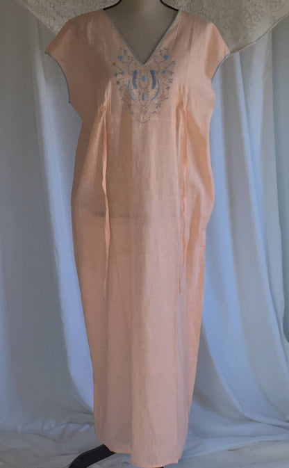 Vintage 1920's Nightgown | Peach Cotton with Blue Embroidery | Art Nouveau Boho Dress | New Old Stock | Lady Peer | Size Free - Daggers & Dames