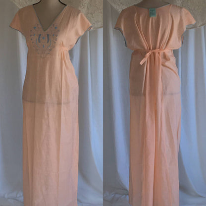 Vintage 1920's Nightgown | Peach Cotton with Blue Embroidery | Art Nouveau Boho Dress | New Old Stock | Lady Peer | Size Free - Daggers & Dames