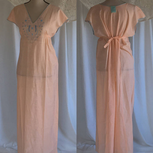 Vintage 1920's Nightgown | Peach Cotton with Blue Embroidery | Art Nouveau Boho Dress | New Old Stock | Lady Peer | Size Free - Daggers & Dames