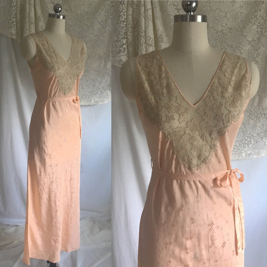 Vintage 1920's Nightgown | Rich Peach Rayon with Satin Damask & Alençon Lace Appliques | Size XS, S - Daggers & Dames