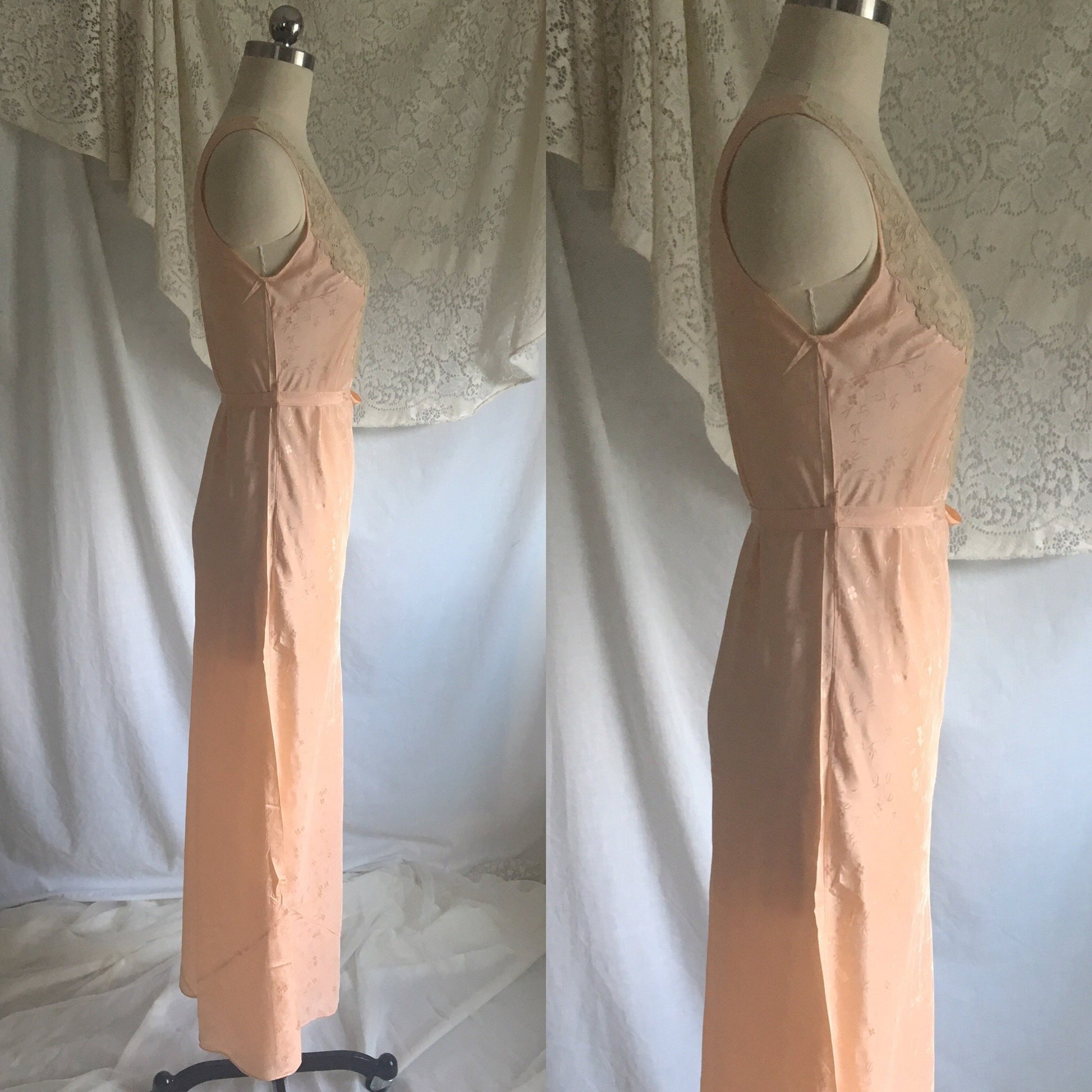 Vintage 1920's Nightgown | Rich Peach Rayon with Satin Damask & Alençon Lace Appliques | Size XS, S - Daggers & Dames