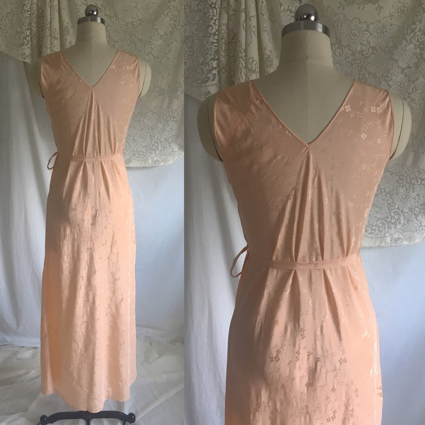 Vintage 1920's Nightgown | Rich Peach Rayon with Satin Damask & Alençon Lace Appliques | Size XS, S - Daggers & Dames
