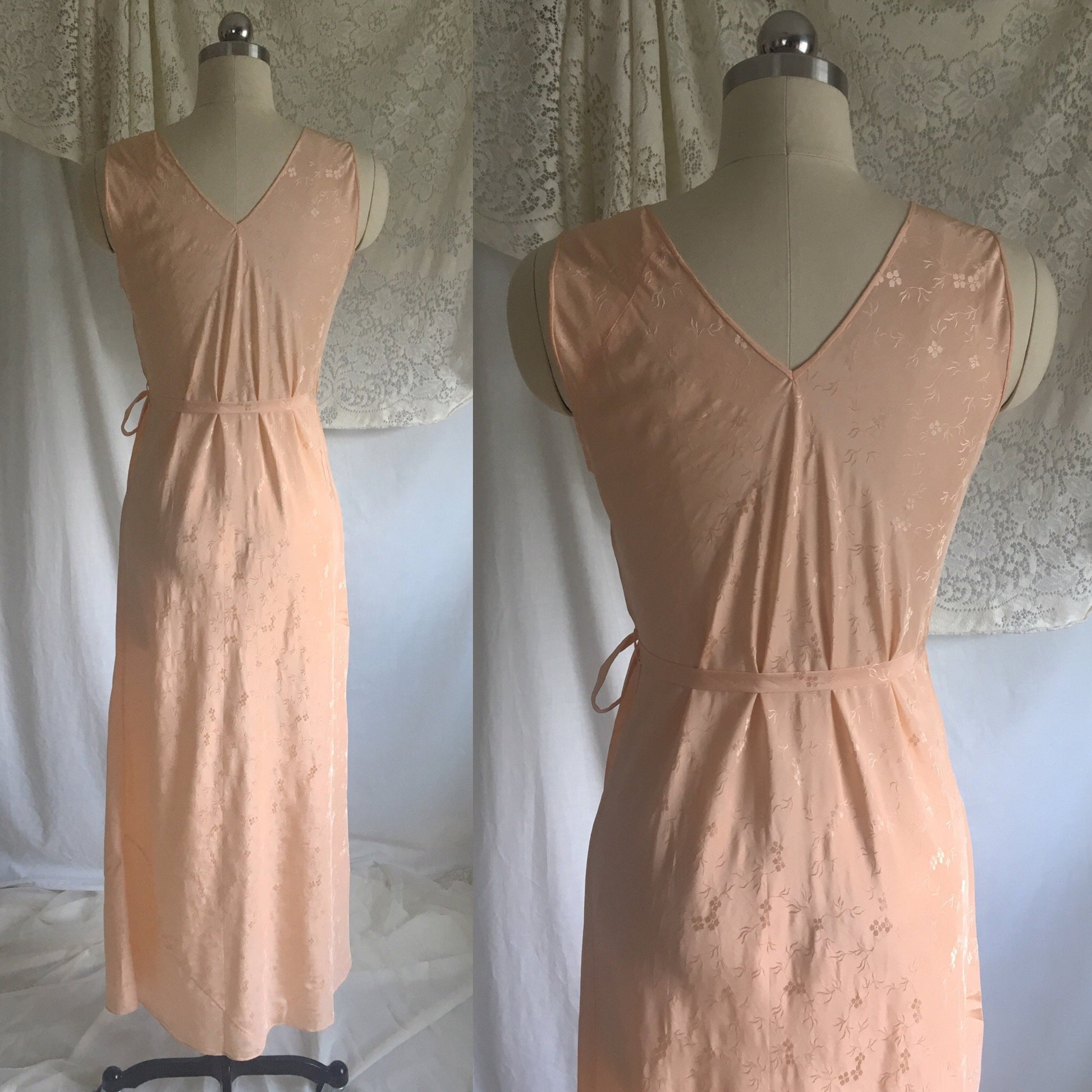 Vintage 1920's Nightgown | Rich Peach Rayon with Satin Damask & Alençon Lace Appliques | Size XS, S - Daggers & Dames