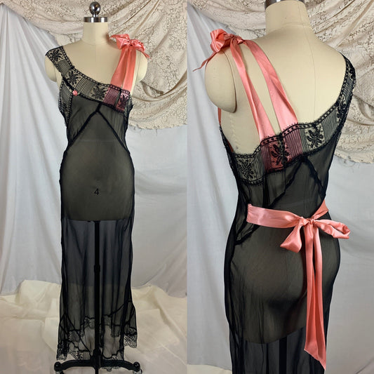 Vintage 1920's Nightgown | Sheer Black Silk Chiffon with Chantilly Eyelash Lace & Pink Silk Satin Ribbon Ties | Never Worn | Size SM, MED - Daggers & Dames
