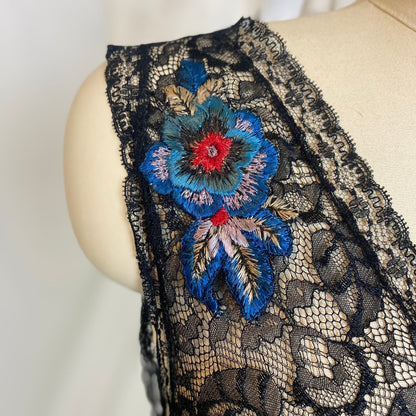 Vintage 1920's Nightgown | Sheer Black Silk Chiffon with Floral Chantilly Lace & Embroidery | Size XS, S - Daggers & Dames