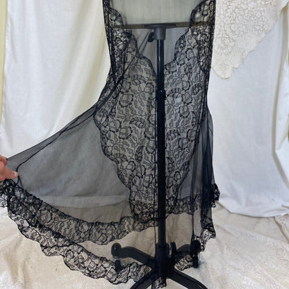 Vintage 1920's Nightgown | Sheer Black Silk Chiffon with Floral Chantilly Lace & Embroidery | Size XS, S - Daggers & Dames