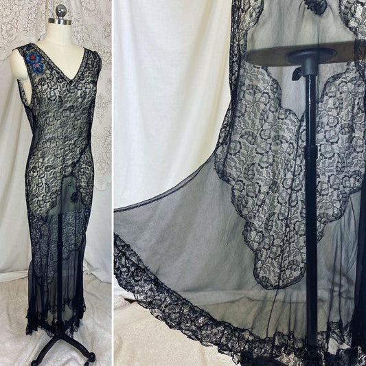 Vintage 1920's Nightgown | Sheer Black Silk Chiffon with Floral Chantilly Lace & Embroidery | Size XS, S - Daggers & Dames