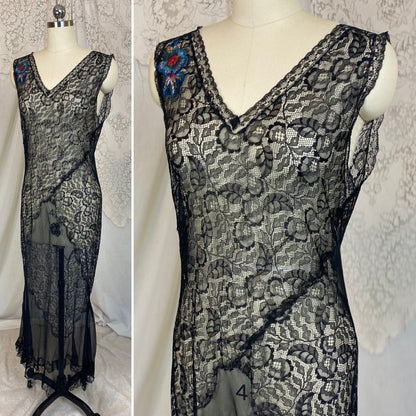 Vintage 1920's Nightgown | Sheer Black Silk Chiffon with Floral Chantilly Lace & Embroidery | Size XS, S - Daggers & Dames