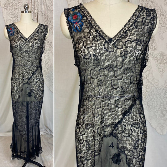 Vintage 1920's Nightgown | Sheer Black Silk Chiffon with Floral Chantilly Lace & Embroidery | Size XS, S - Daggers & Dames