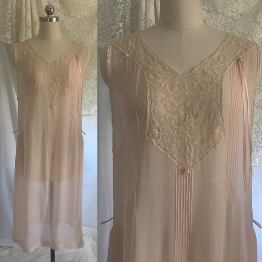 Vintage 1920's Nightgown | Sheer Powder Pink Silk Chiffon with Tambour Embroidery | Size M, LG - Daggers & Dames