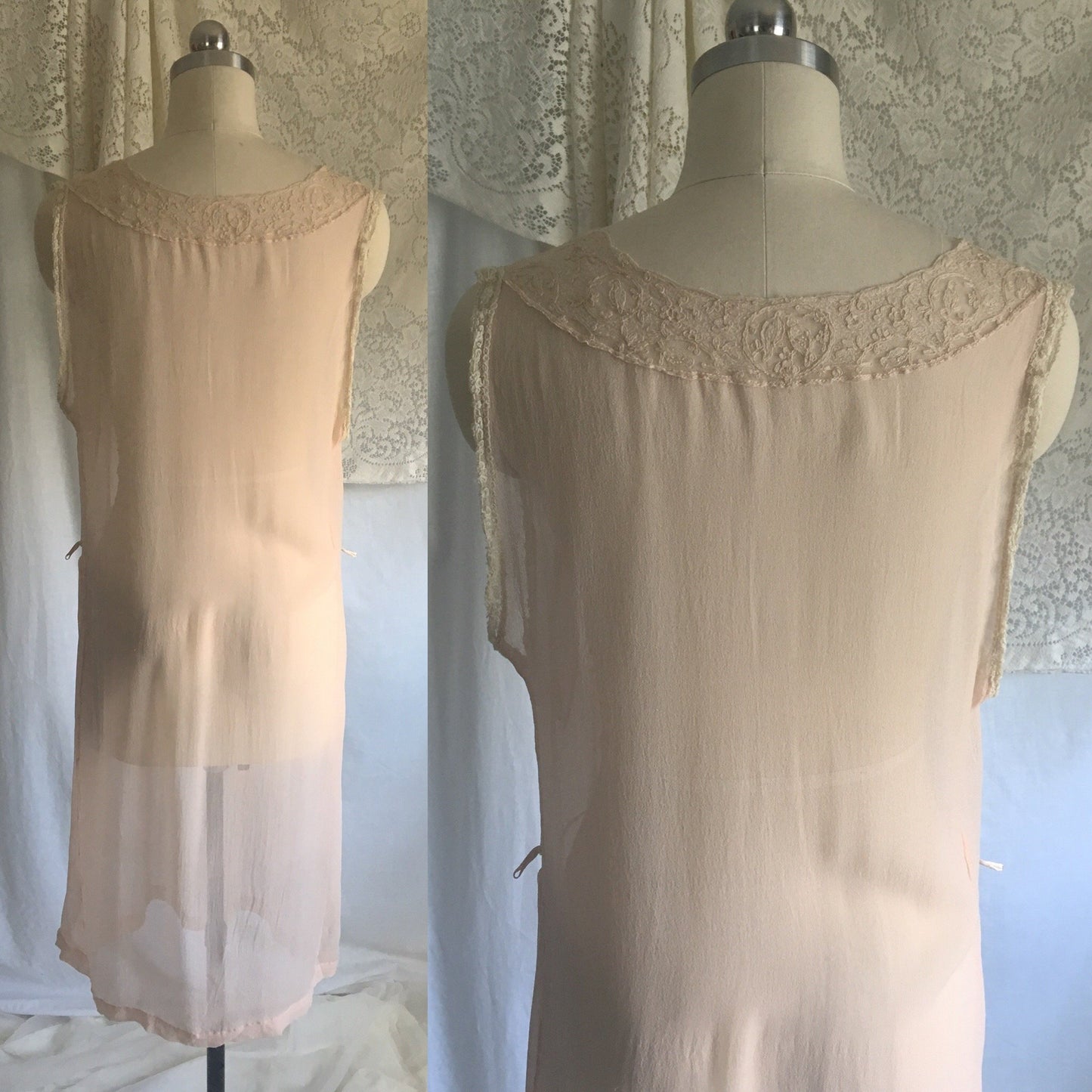 Vintage 1920's Nightgown | Sheer Powder Pink Silk Chiffon with Tambour Embroidery | Size M, LG - Daggers & Dames