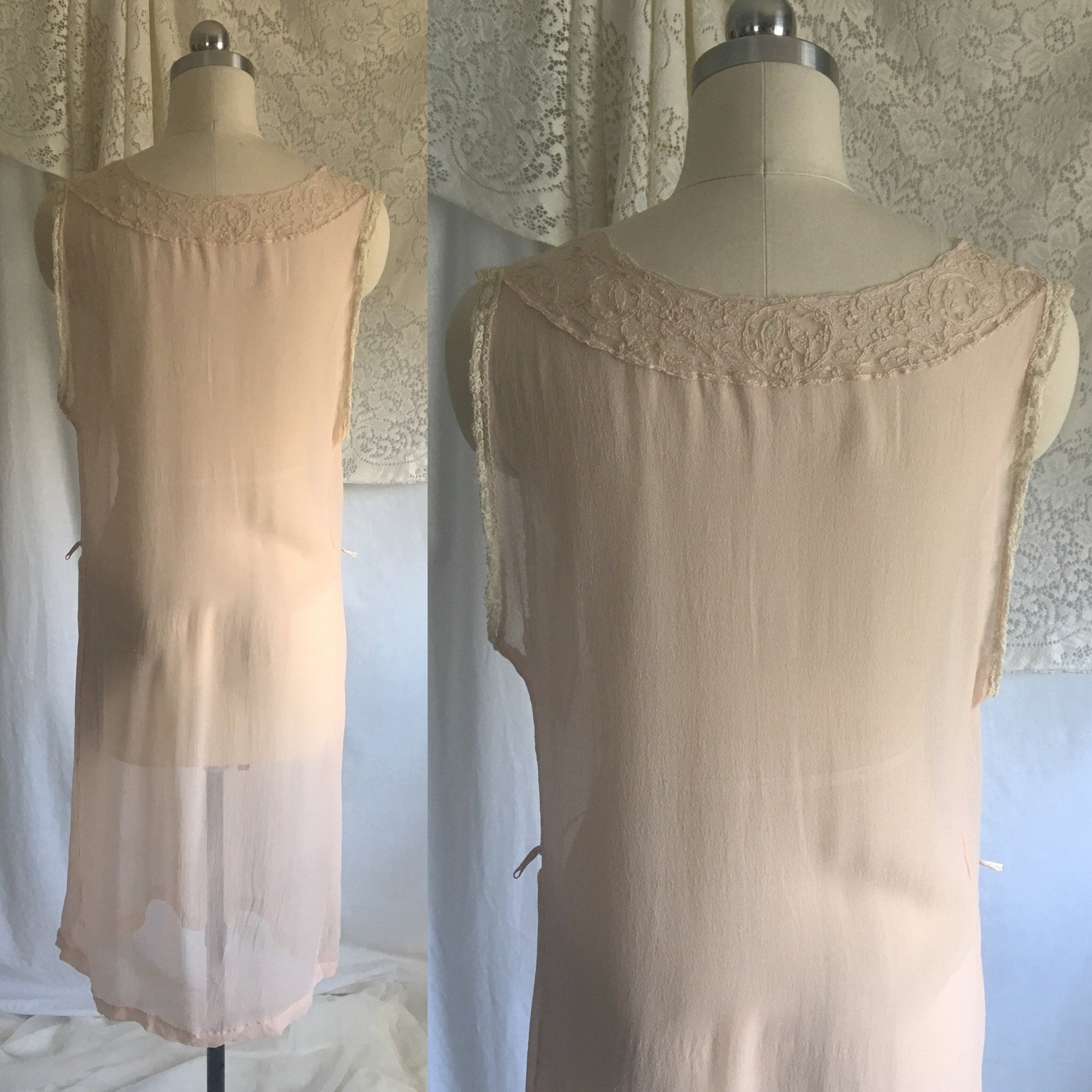 Vintage 1920's Nightgown | Sheer Powder Pink Silk Chiffon with Tambour Embroidery | Size M, LG - Daggers & Dames