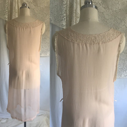 Vintage 1920's Nightgown | Sheer Powder Pink Silk Chiffon with Tambour Embroidery | Size M, LG - Daggers & Dames