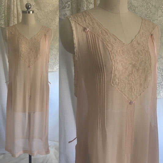Vintage 1920's Nightgown | Sheer Powder Pink Silk Chiffon with Tambour Embroidery | Size M, LG - Daggers & Dames