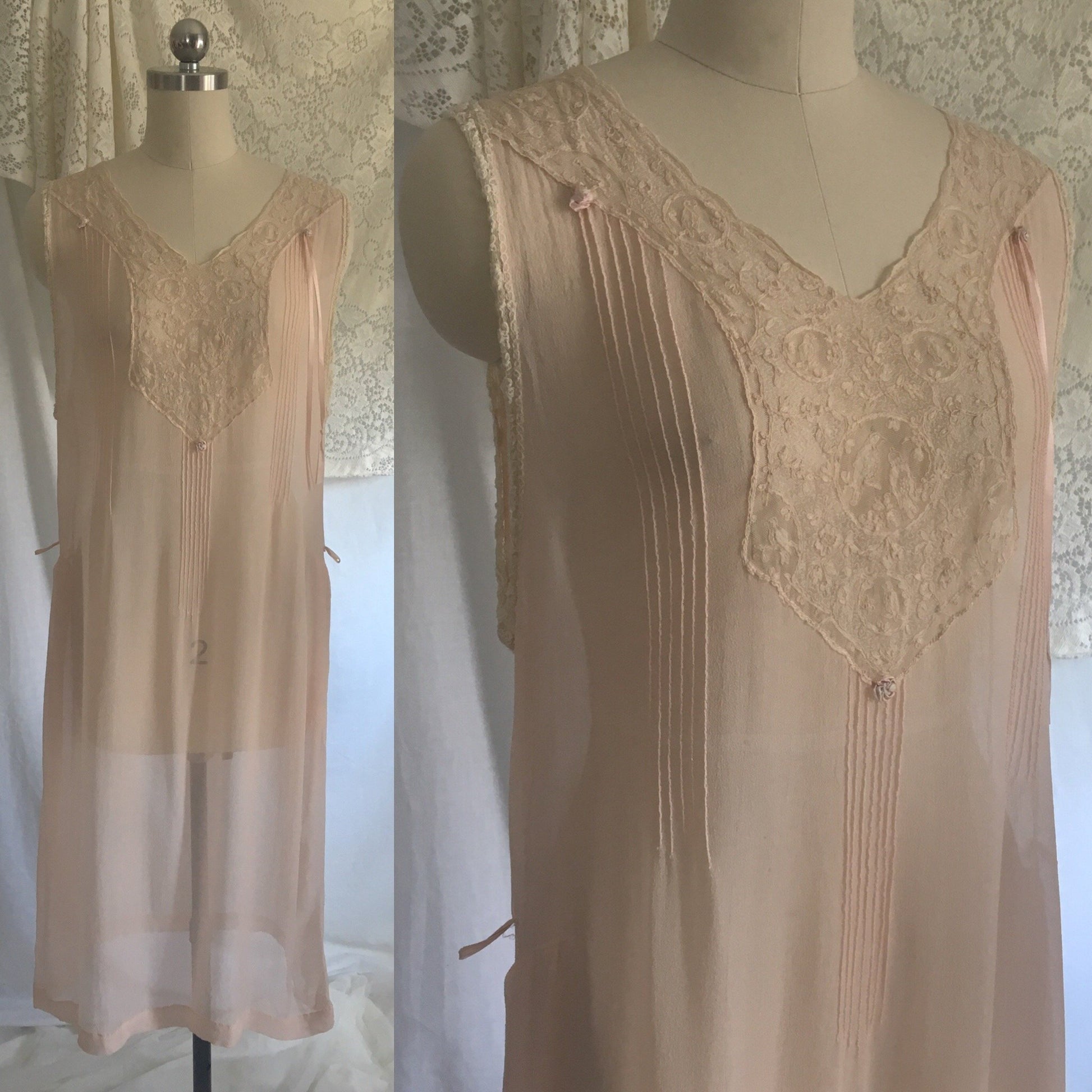 Vintage 1920's Nightgown | Sheer Powder Pink Silk Chiffon with Tambour Embroidery | Size M, LG - Daggers & Dames