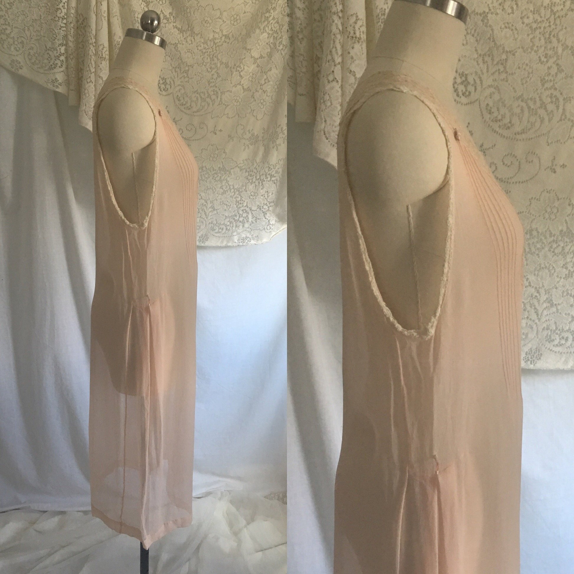 Vintage 1920's Nightgown | Sheer Powder Pink Silk Chiffon with Tambour Embroidery | Size M, LG - Daggers & Dames
