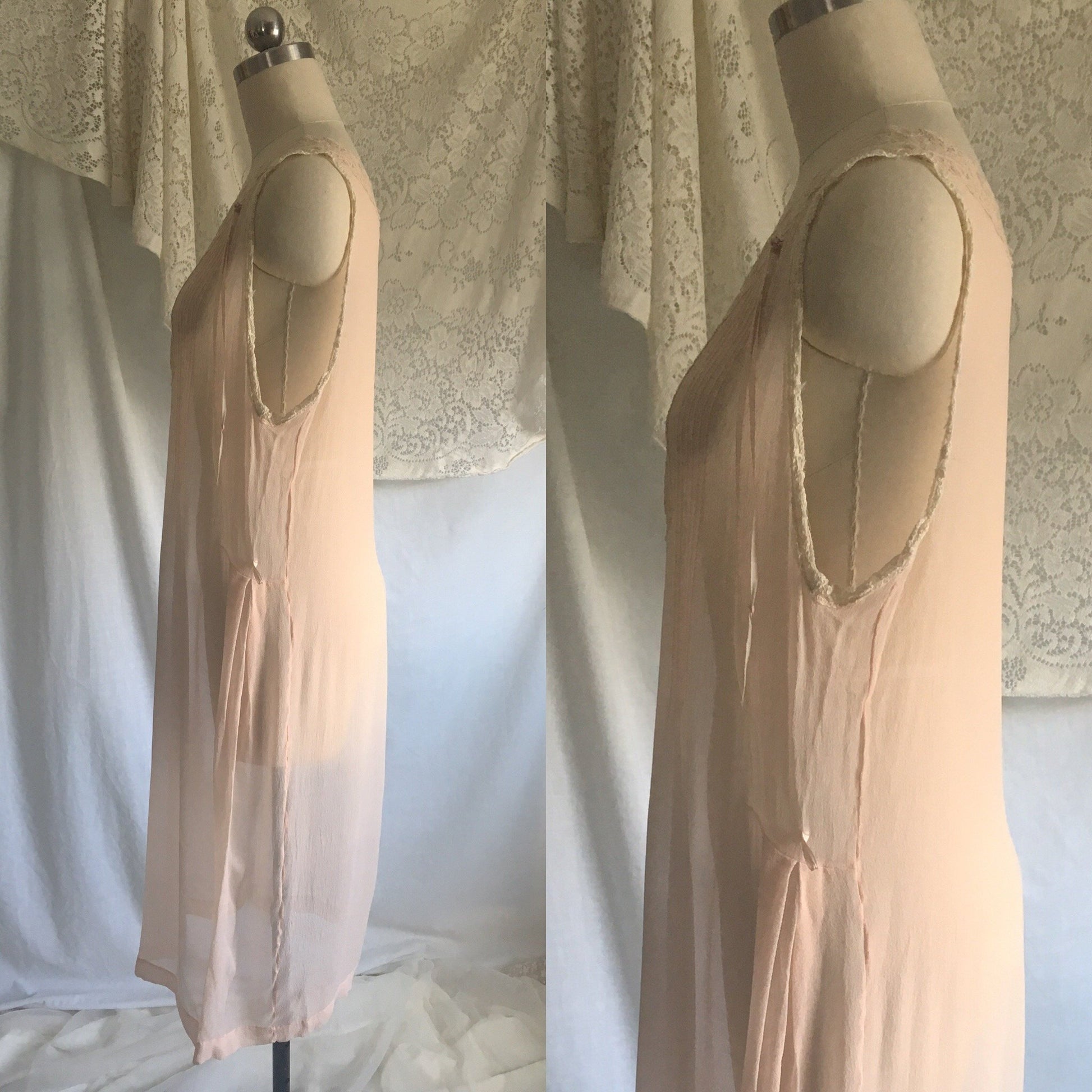 Vintage 1920's Nightgown | Sheer Powder Pink Silk Chiffon with Tambour Embroidery | Size M, LG - Daggers & Dames