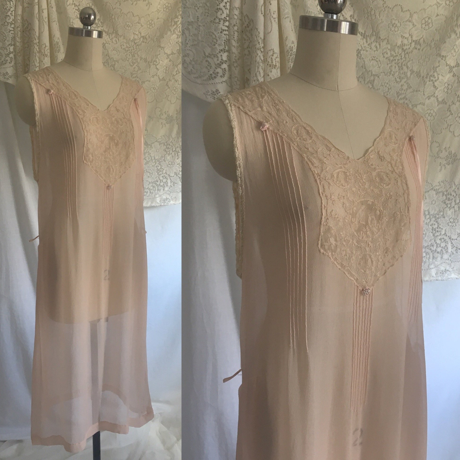 Vintage 1920's Nightgown | Sheer Powder Pink Silk Chiffon with Tambour Embroidery | Size M, LG - Daggers & Dames