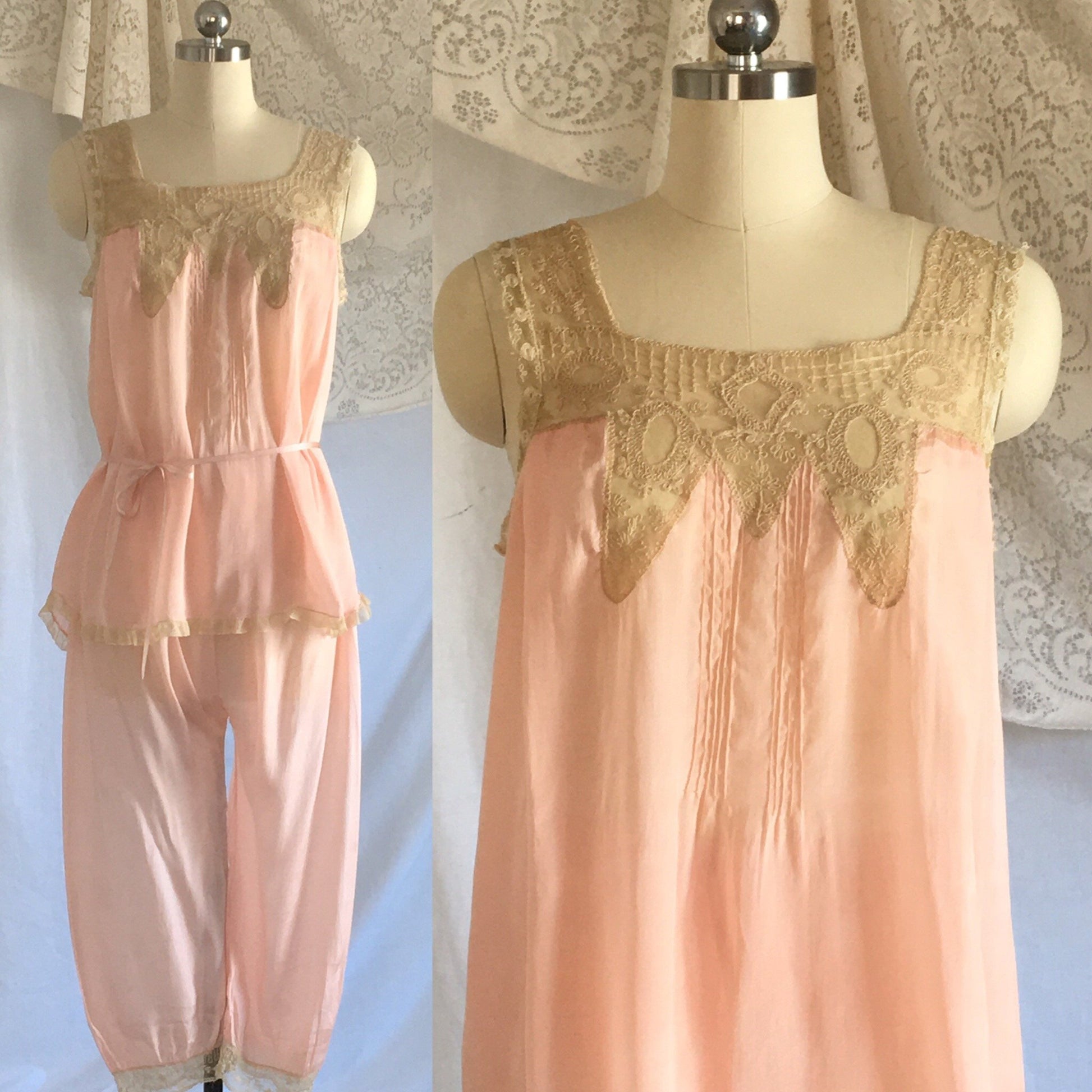 Vintage 1920's Pajama Set | Light Pink Silk & Alençon Lace with Satin Ribbon Tie | Rare Pajamas | Size S - Daggers & Dames