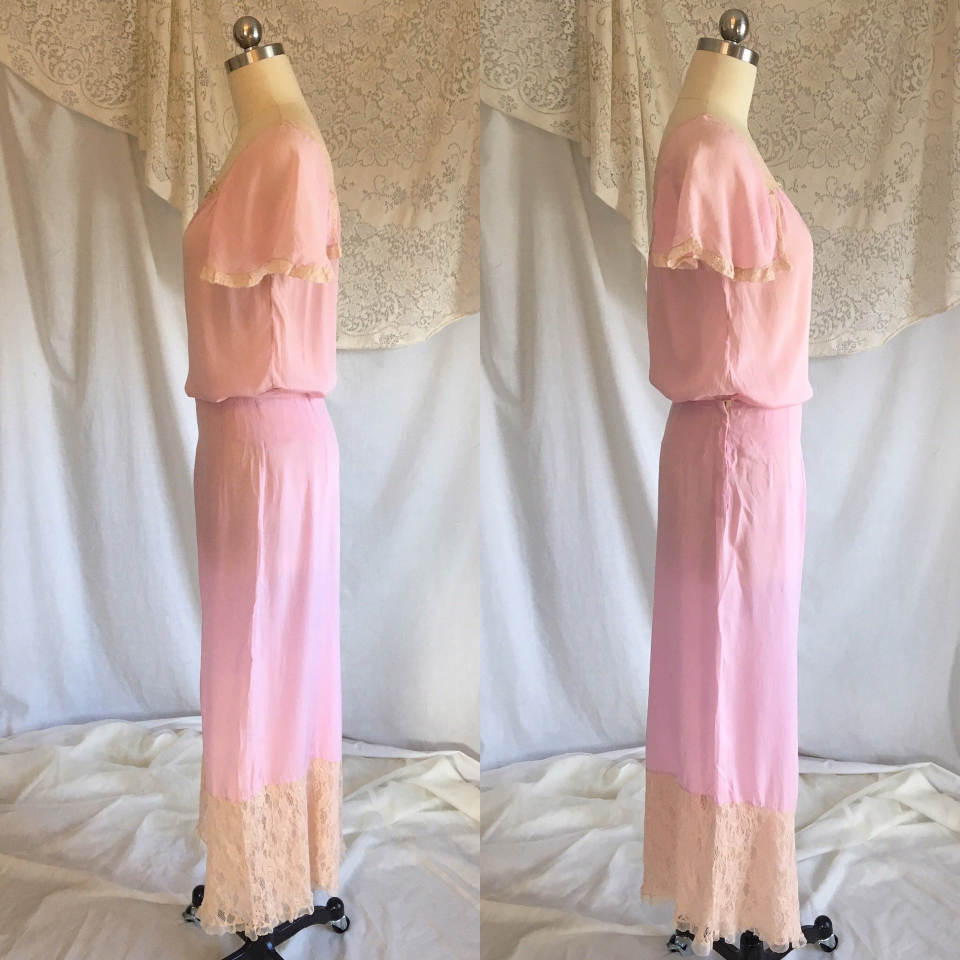 Vintage 1920's Pajama Set | Sheer Lilac Purple Silk with Chantilly Lace & Silk Rosettes | Size S, M - Daggers & Dames