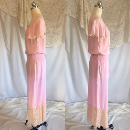 Vintage 1920's Pajama Set | Sheer Lilac Purple Silk with Chantilly Lace & Silk Rosettes | Size S, M - Daggers & Dames