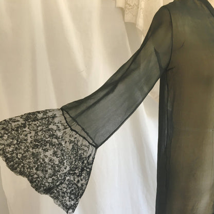 Vintage 1920's Peignoir Robe | Black Silk Chiffon & Chantilly Lace | OOAK | Size XSM - Daggers & Dames