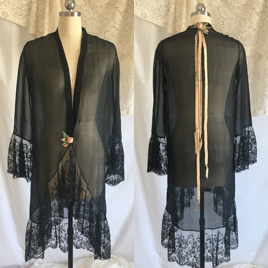 Vintage 1920's Peignoir Robe | Black Silk Chiffon & Chantilly Lace | OOAK | Size XSM - Daggers & Dames