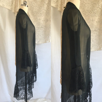 Vintage 1920's Peignoir Robe | Black Silk Chiffon & Chantilly Lace | OOAK | Size XSM - Daggers & Dames
