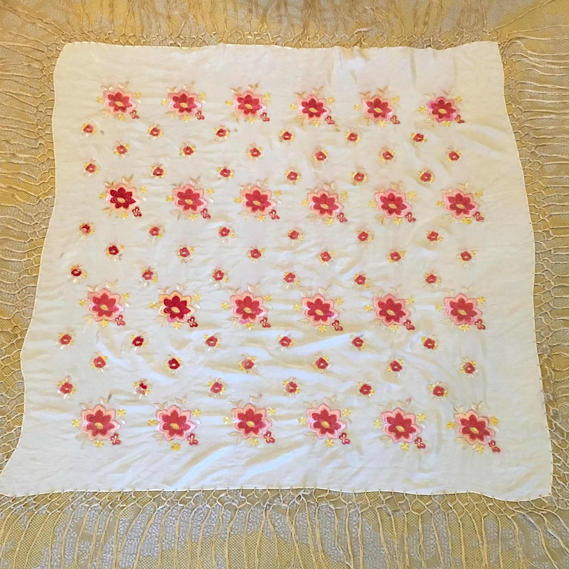 Vintage 1920's Piano Shawl | Ivory Silk with Pink Embroidered Floral Pattern & Gold Silk Crochet Fringe Trim - Daggers & Dames
