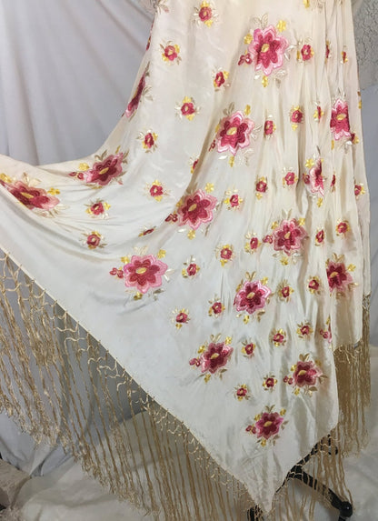 Vintage 1920's Piano Shawl | Ivory Silk with Pink Embroidered Floral Pattern & Gold Silk Crochet Fringe Trim - Daggers & Dames