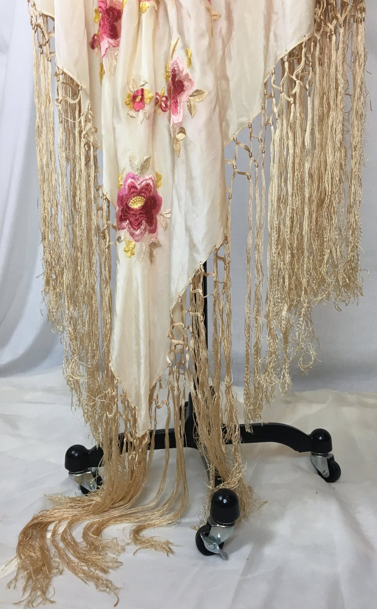 Vintage 1920's Piano Shawl | Ivory Silk with Pink Embroidered Floral Pattern & Gold Silk Crochet Fringe Trim - Daggers & Dames