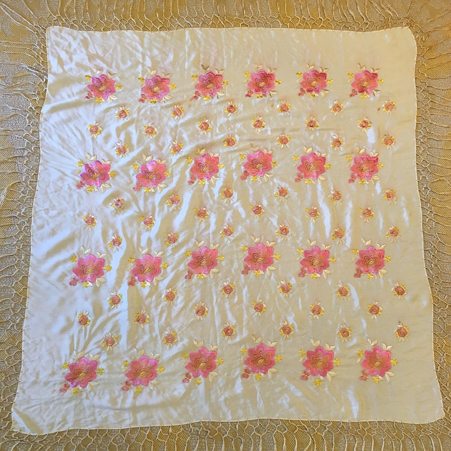 Vintage 1920's Piano Shawl | Ivory Silk with Pink Embroidered Floral Pattern & Gold Silk Crochet Fringe Trim - Daggers & Dames
