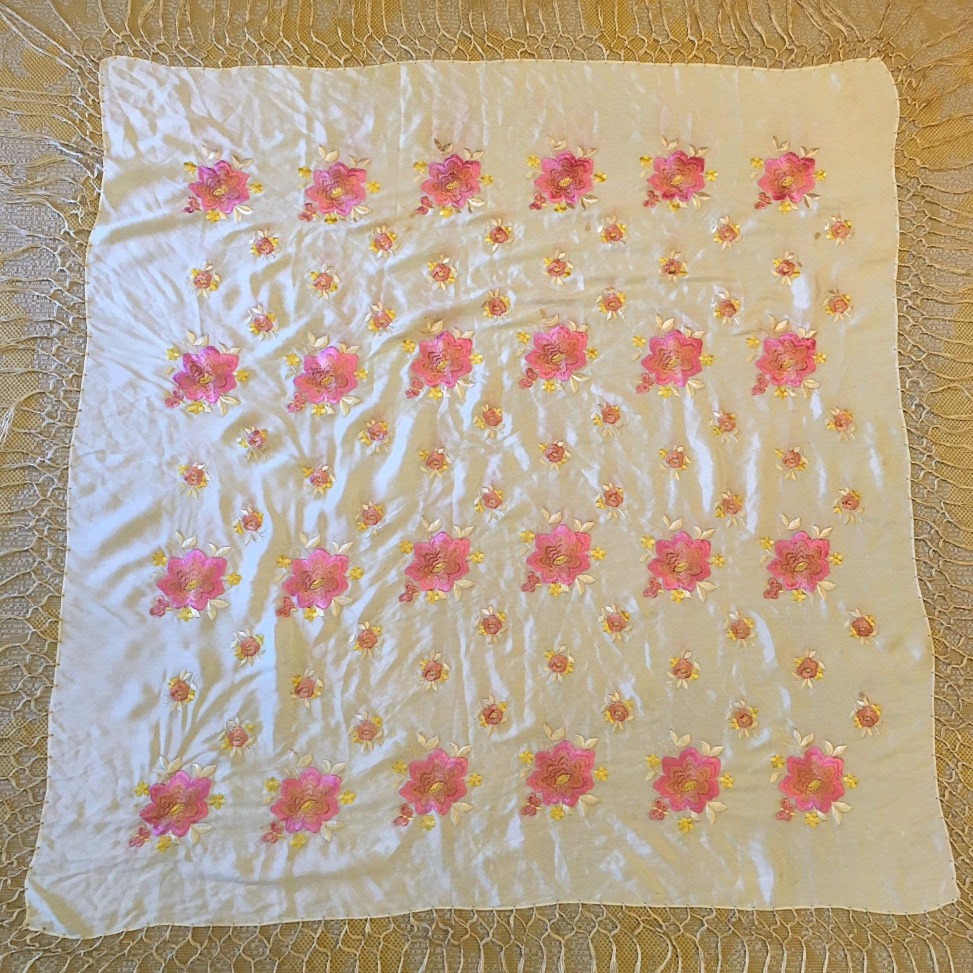 Vintage 1920's Piano Shawl | Ivory Silk with Pink Embroidered Floral Pattern & Gold Silk Crochet Fringe Trim - Daggers & Dames