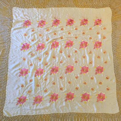 Vintage 1920's Piano Shawl | Ivory Silk with Pink Embroidered Floral Pattern & Gold Silk Crochet Fringe Trim - Daggers & Dames