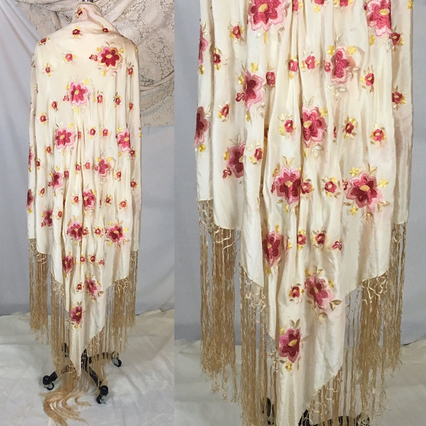Vintage 1920's Piano Shawl | Ivory Silk with Pink Embroidered Floral Pattern & Gold Silk Crochet Fringe Trim - Daggers & Dames