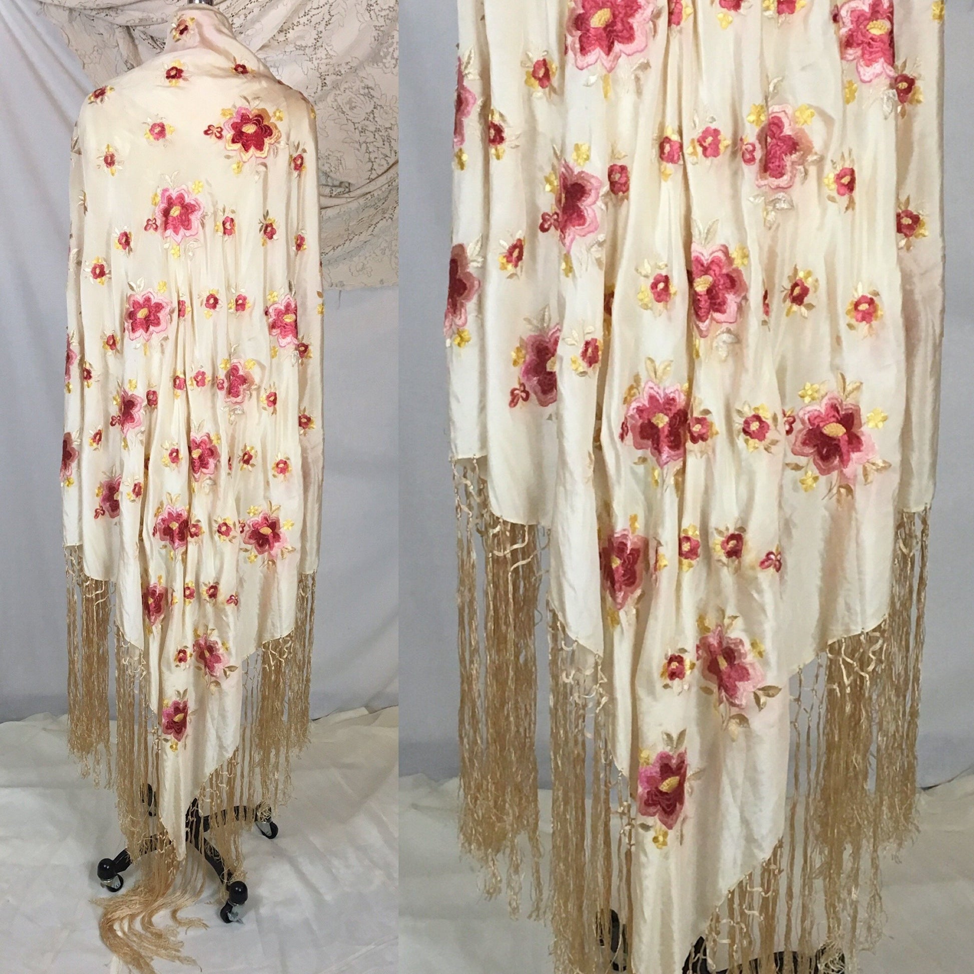 Vintage 1920's Piano Shawl | Ivory Silk with Pink Embroidered Floral Pattern & Gold Silk Crochet Fringe Trim - Daggers & Dames