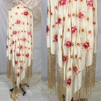 Vintage 1920's Piano Shawl | Ivory Silk with Pink Embroidered Floral Pattern & Gold Silk Crochet Fringe Trim - Daggers & Dames